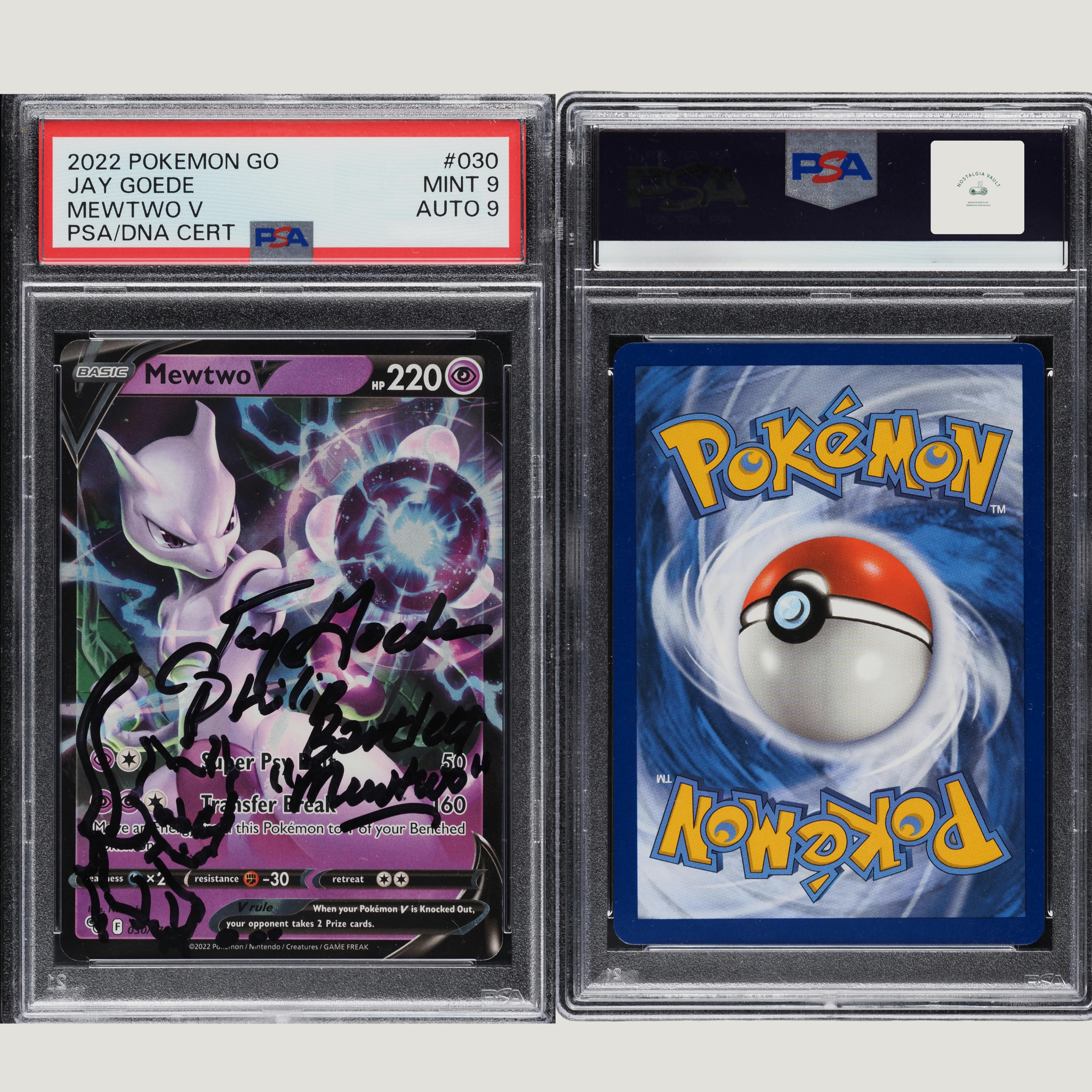 2022 Pokemon SWSH Pokemon Go Mewtwo V Jay Goede AUTO DNA 9 #30 PSA 9 MINT